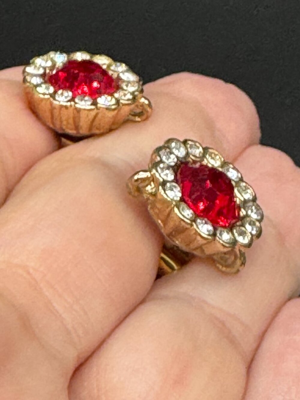 Gold Tone Stud Earrings Pierced Red and Clear Rhinestone - Picture 3 of 10